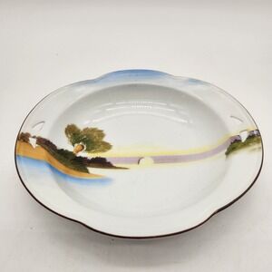 Meito China Hand Painted Japan Landscape Sunset Cutout Sides 8" Scalloped Plate